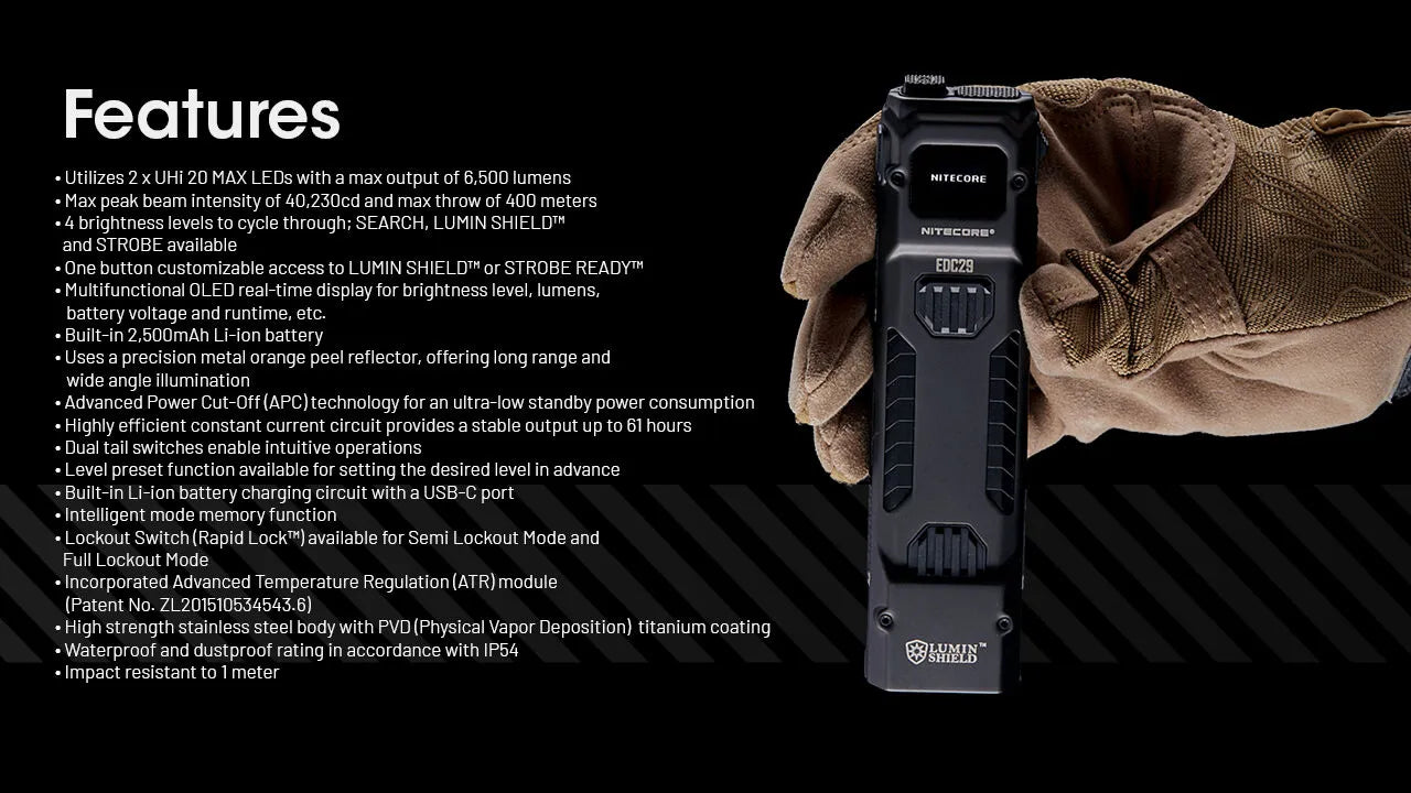 Nitecore - EDC29 - Torcia Ricaricabile USB - 6500 lumens e 400 metri - Torcia Led