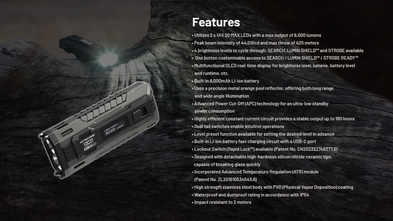 Nitecore - EDC37 - 8000 Lumens, 420 metri, Batteria 8000mAh, Ricarica USB-C - Torcia Tattica a LED