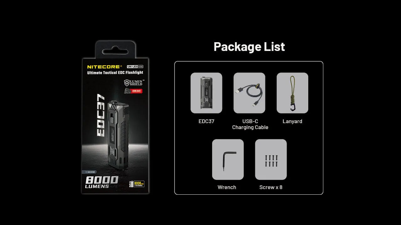 Nitecore - EDC37 - 8000 Lumens, 420 metri, Batteria 8000mAh, Ricarica USB-C - Torcia Tattica a LED